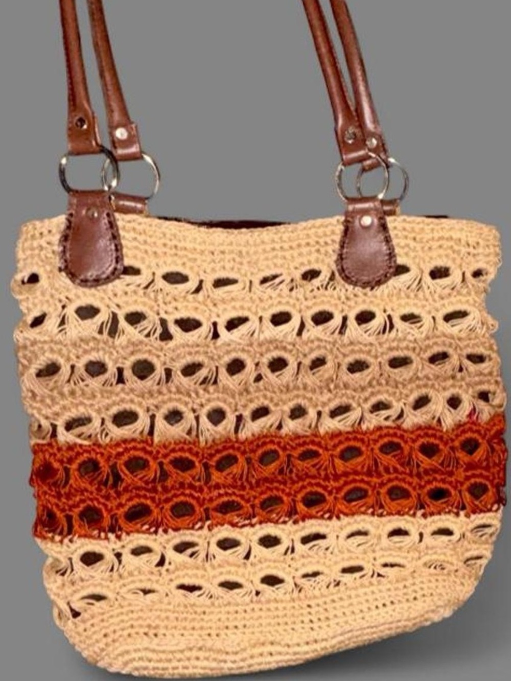 Women’s Crochet Jute Tote Bag Tan Cream & Rust